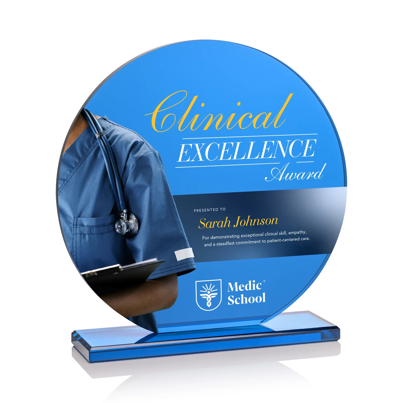 Custom Blue Glass Circle Award on a Matching Blue Base for volunteer appreciation