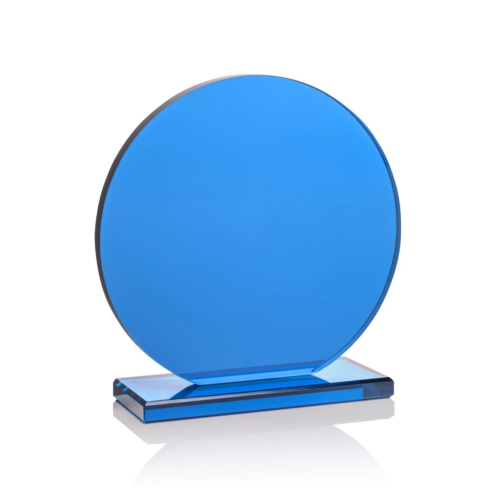 Custom Blue Glass Circle Award on a Matching Blue Base for dealer and partner awards