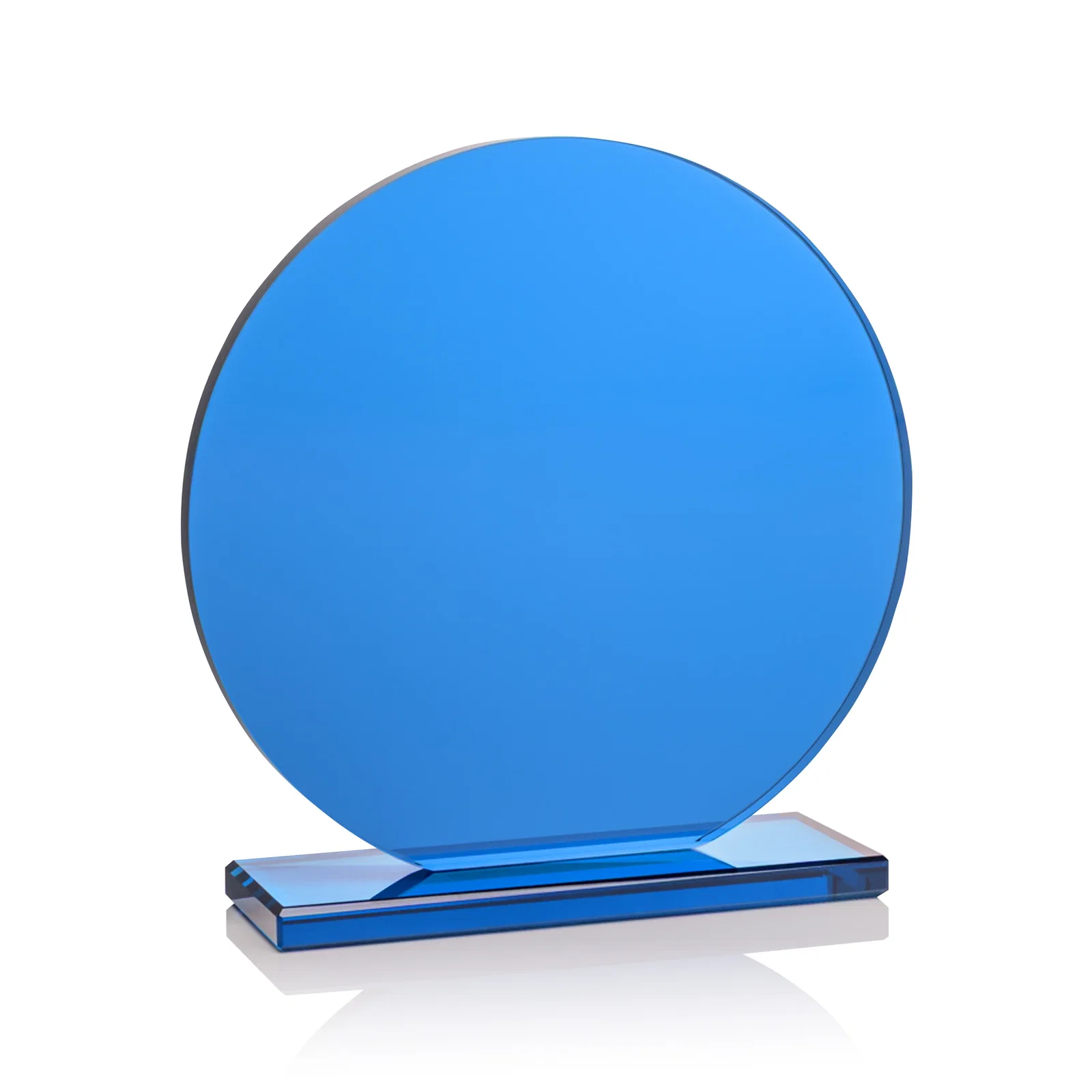 Custom Blue Glass Circle Award on a Matching Blue Base for company anniversary events
