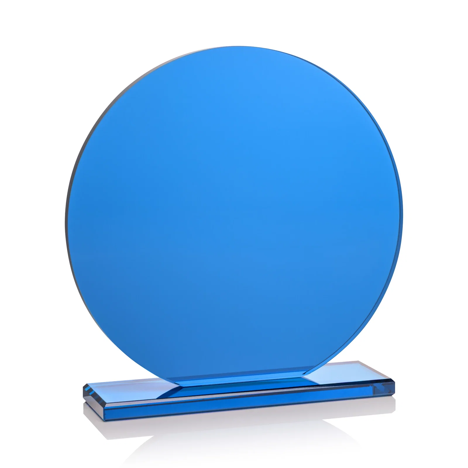 Personalized Blue Glass Circle Award on a Matching Blue Base for employee recognition
