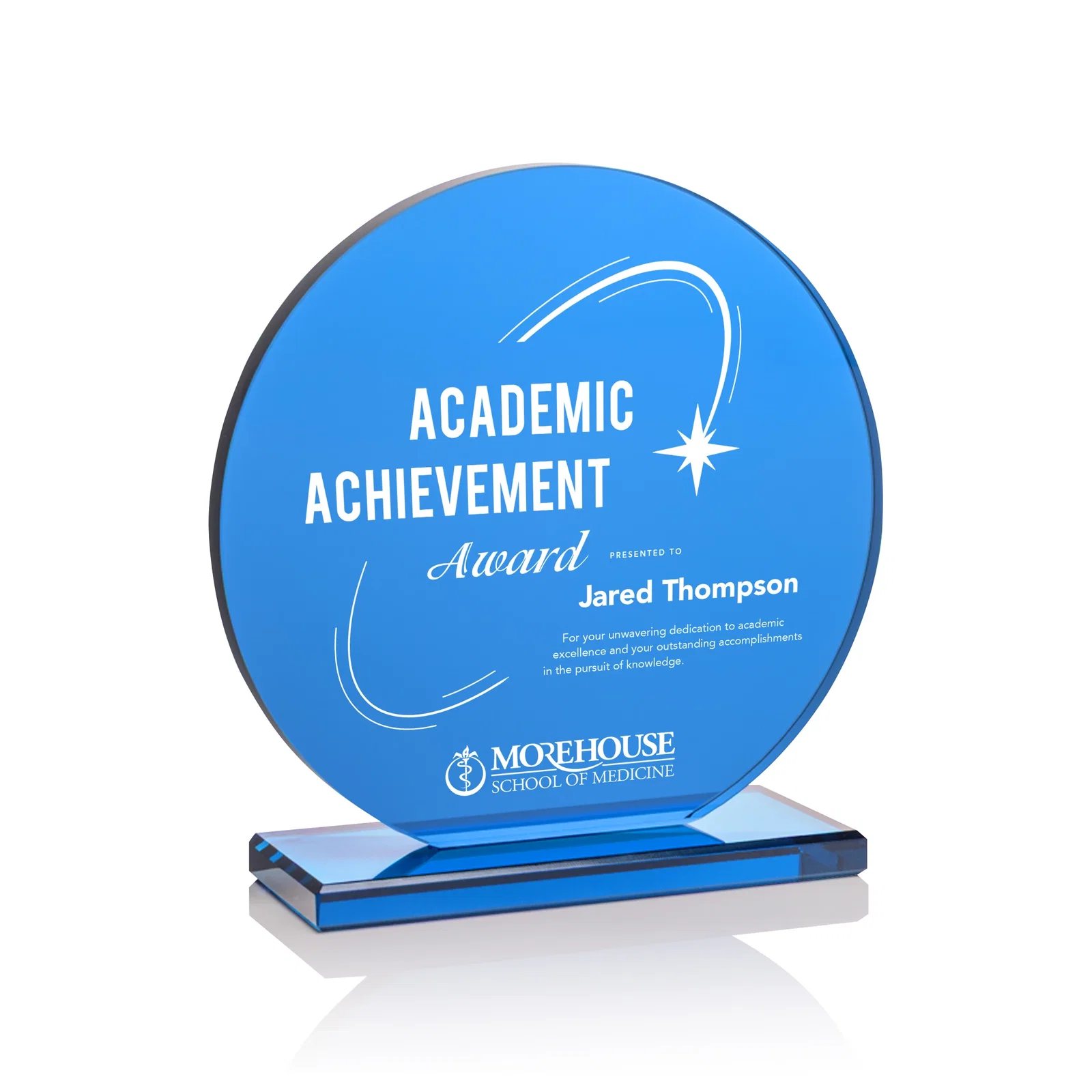 Custom Blue Glass Circle Award on a Matching Blue Base for corporate award ceremonies