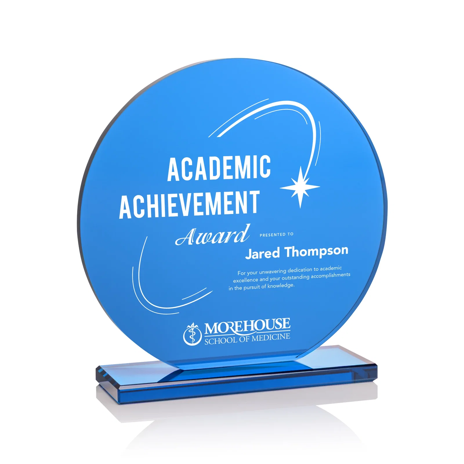Custom Blue Glass Circle Award on a Matching Blue Base for service anniversary gifts
