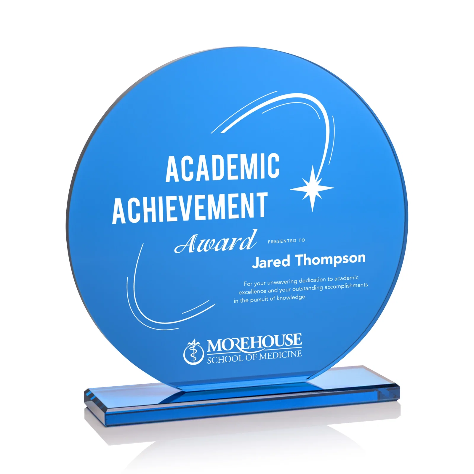Custom Blue Glass Circle Award on a Matching Blue Base for sales achievement awards