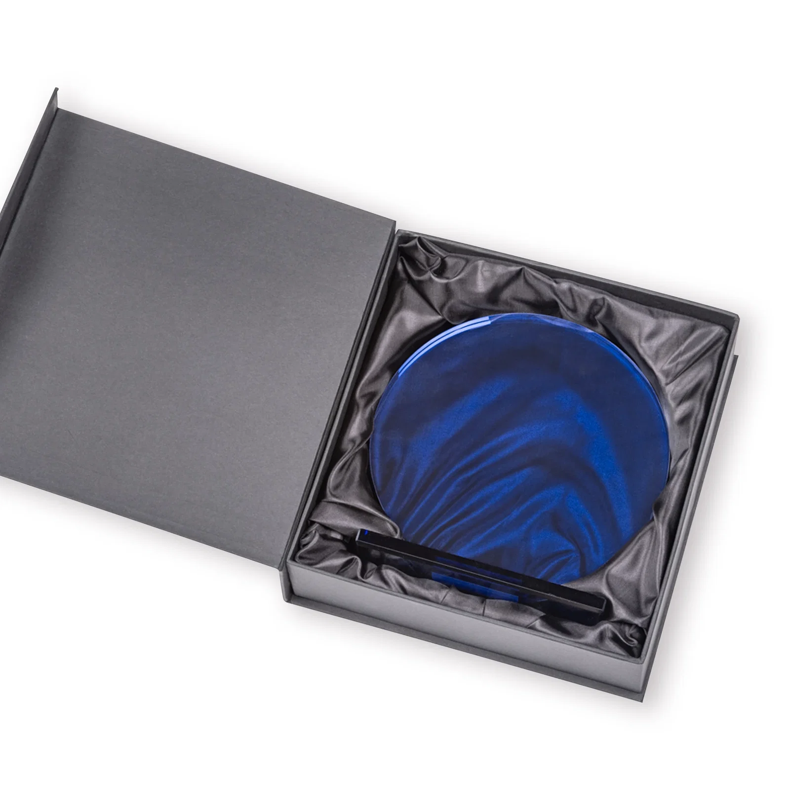 Custom Blue Glass Circle Award on a Matching Blue Base for retirement presentations