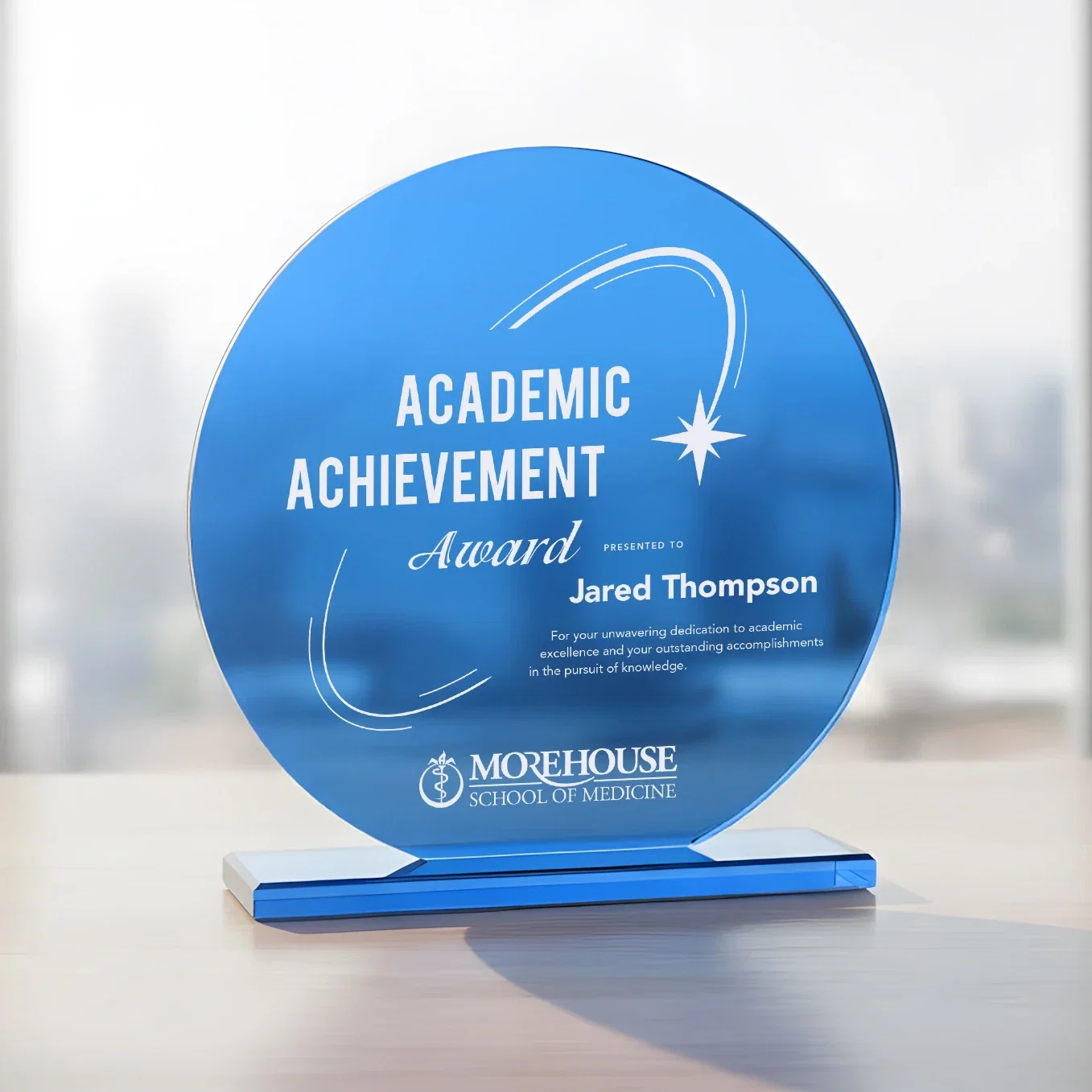 Custom Blue Glass Circle Award on a Matching Blue Base for team milestone celebrations