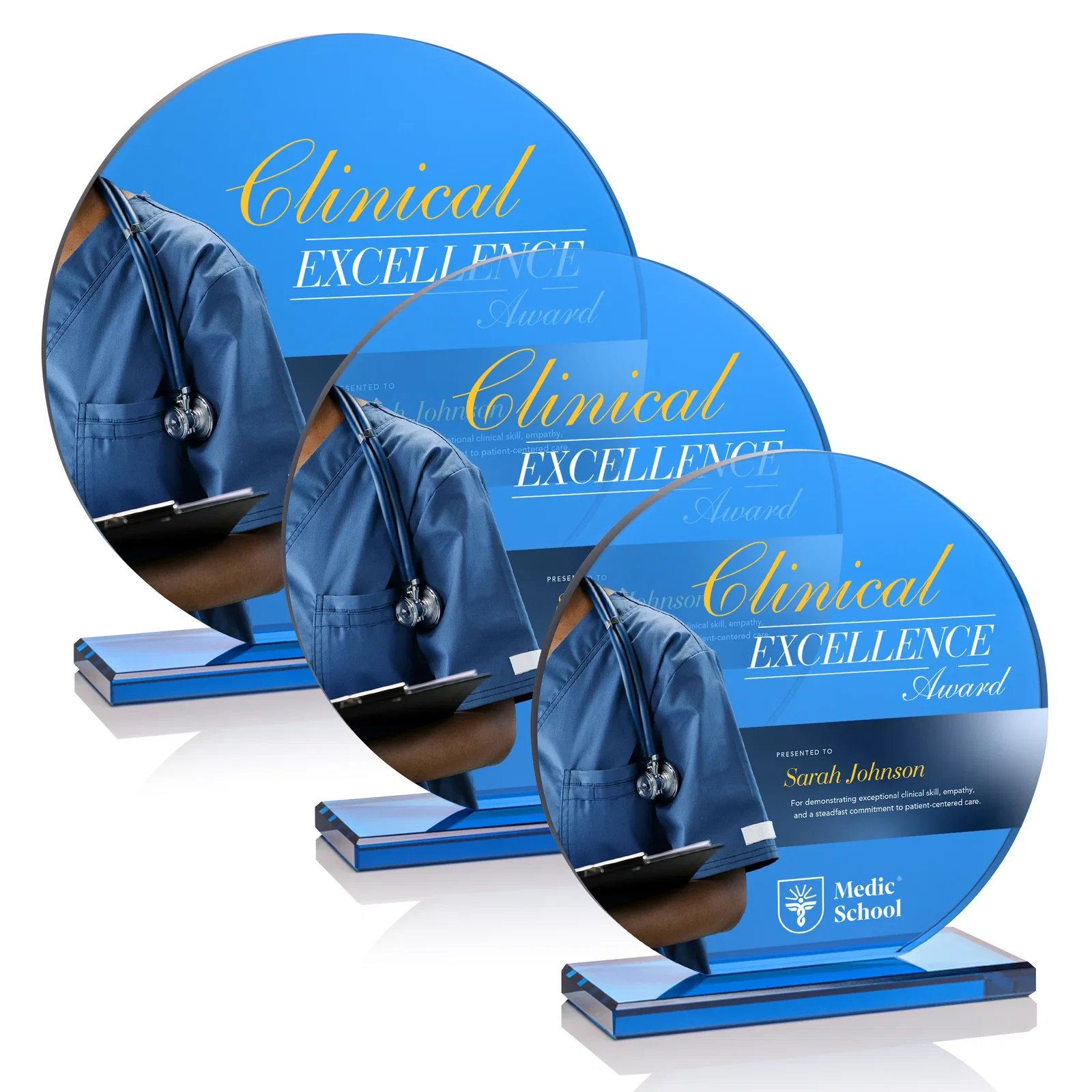 Custom Blue Glass Circle Award on a Matching Blue Base for donor appreciation