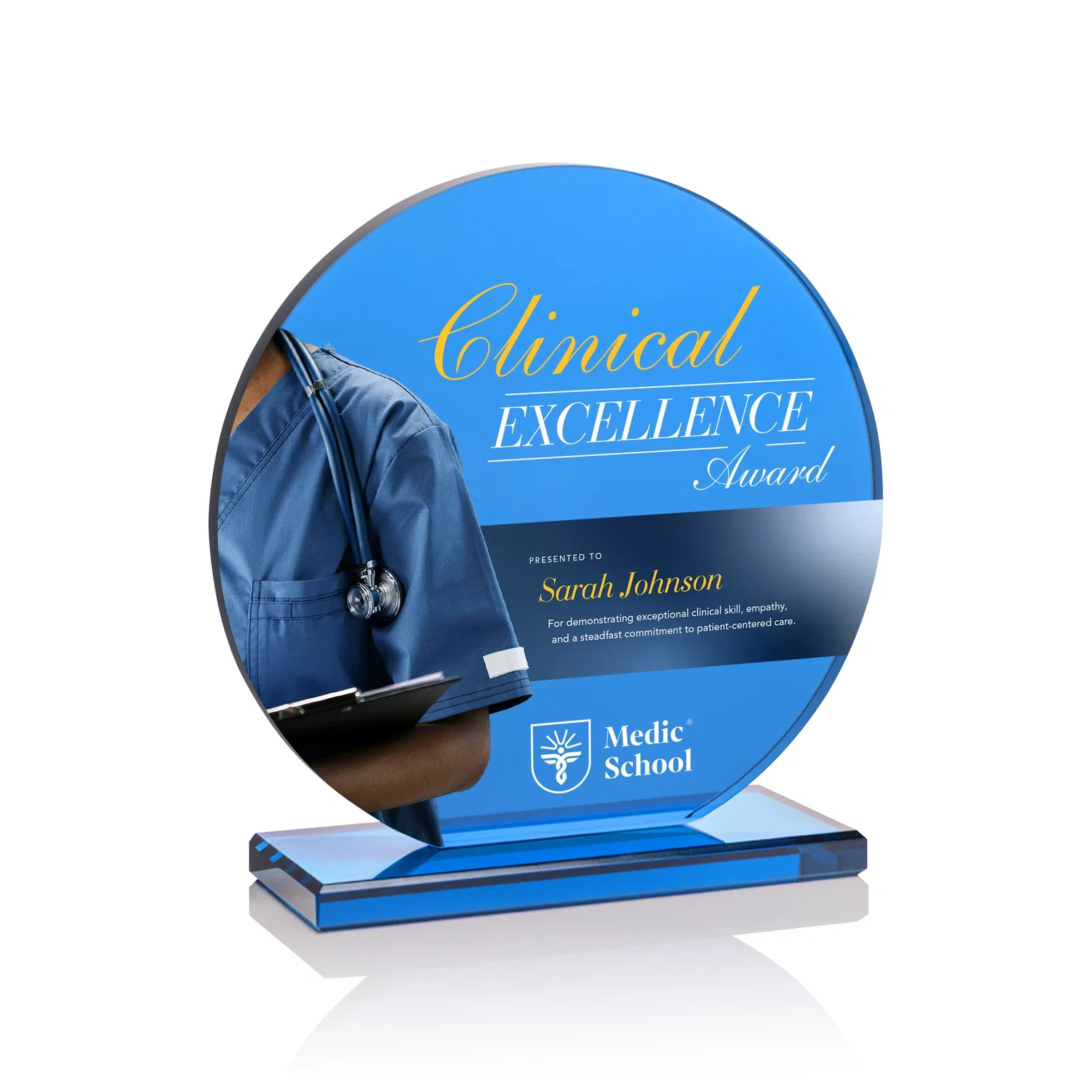 Custom Blue Glass Circle Award on a Matching Blue Base for graduation ceremonies