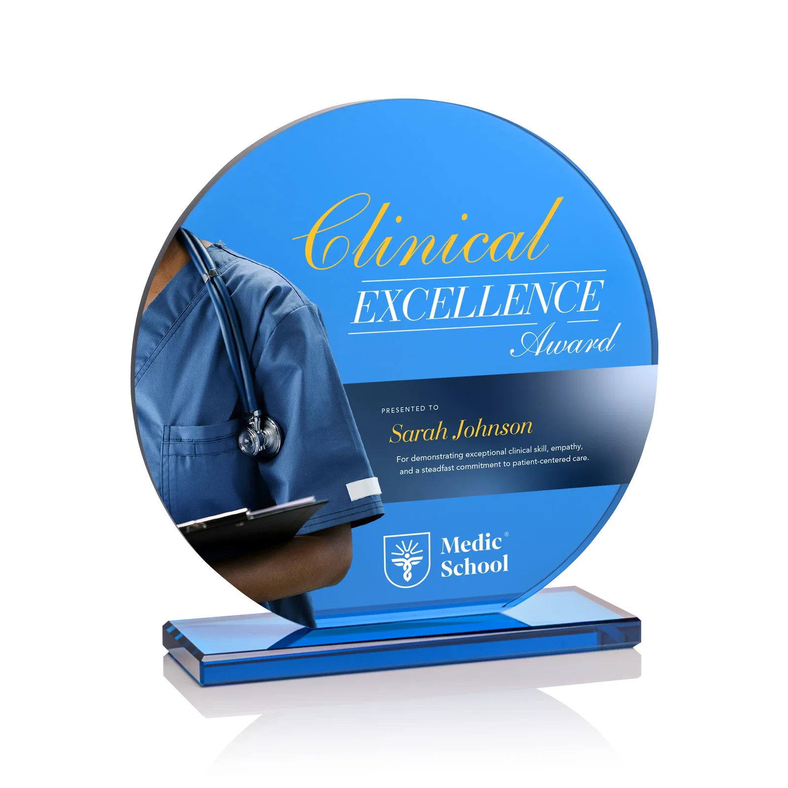 Custom Blue Glass Circle Award on a Matching Blue Base for safety achievement programs