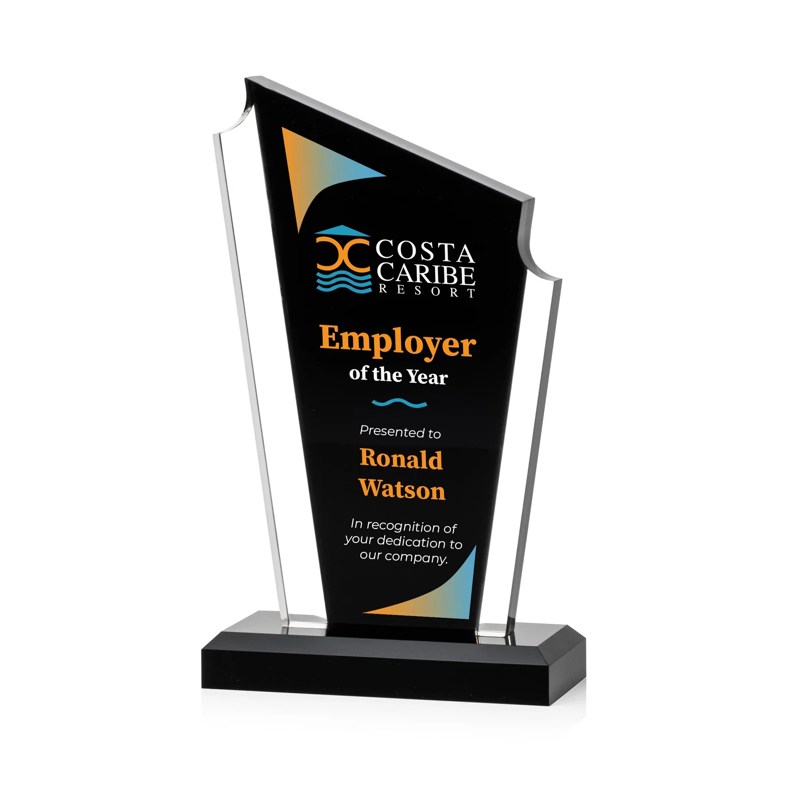 Custom Acrylic Peak Award With Dual-Side Engraving on Ebony Base for volunteer appreciation