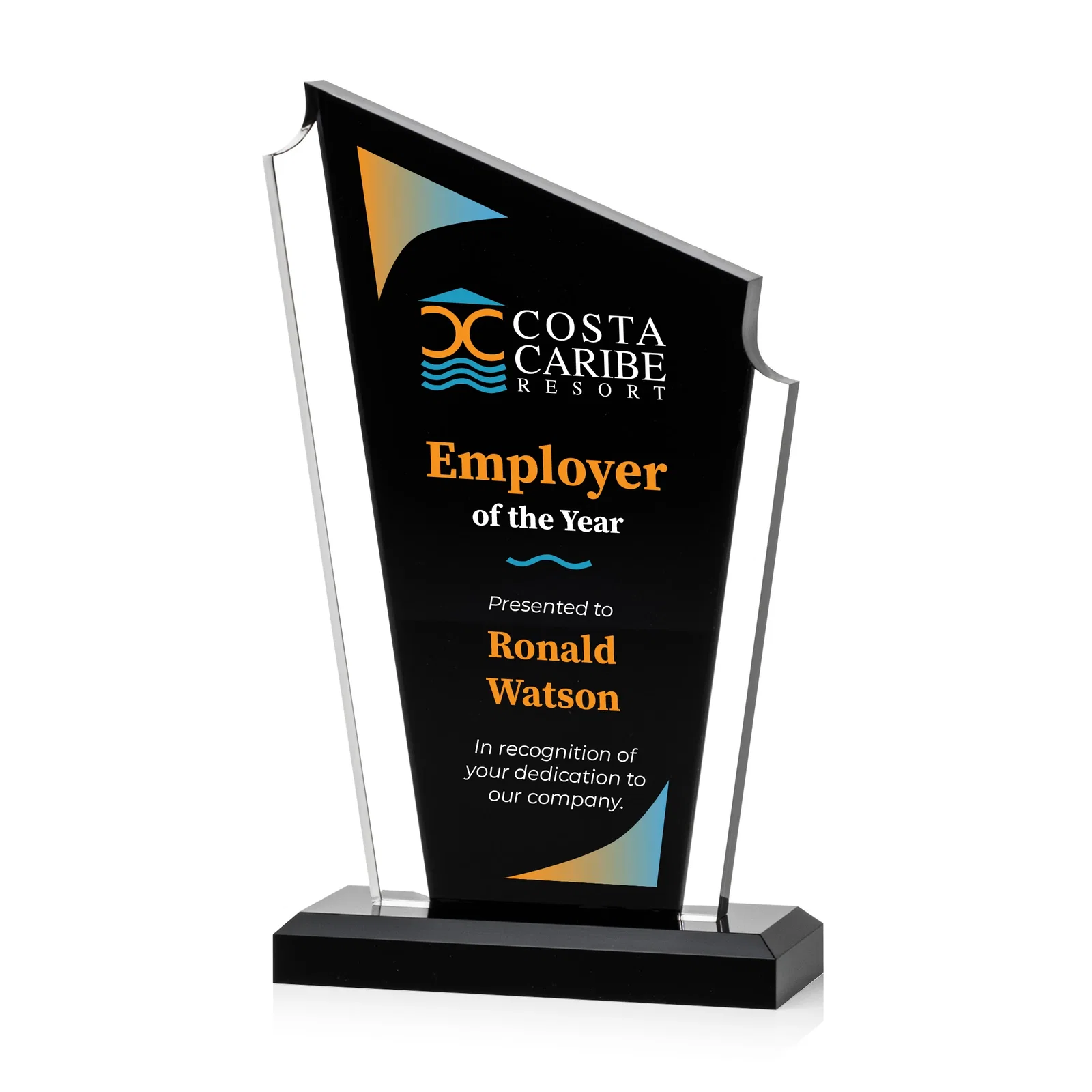 Custom Acrylic Peak Award With Dual-Side Engraving on Ebony Base for dealer and partner awards