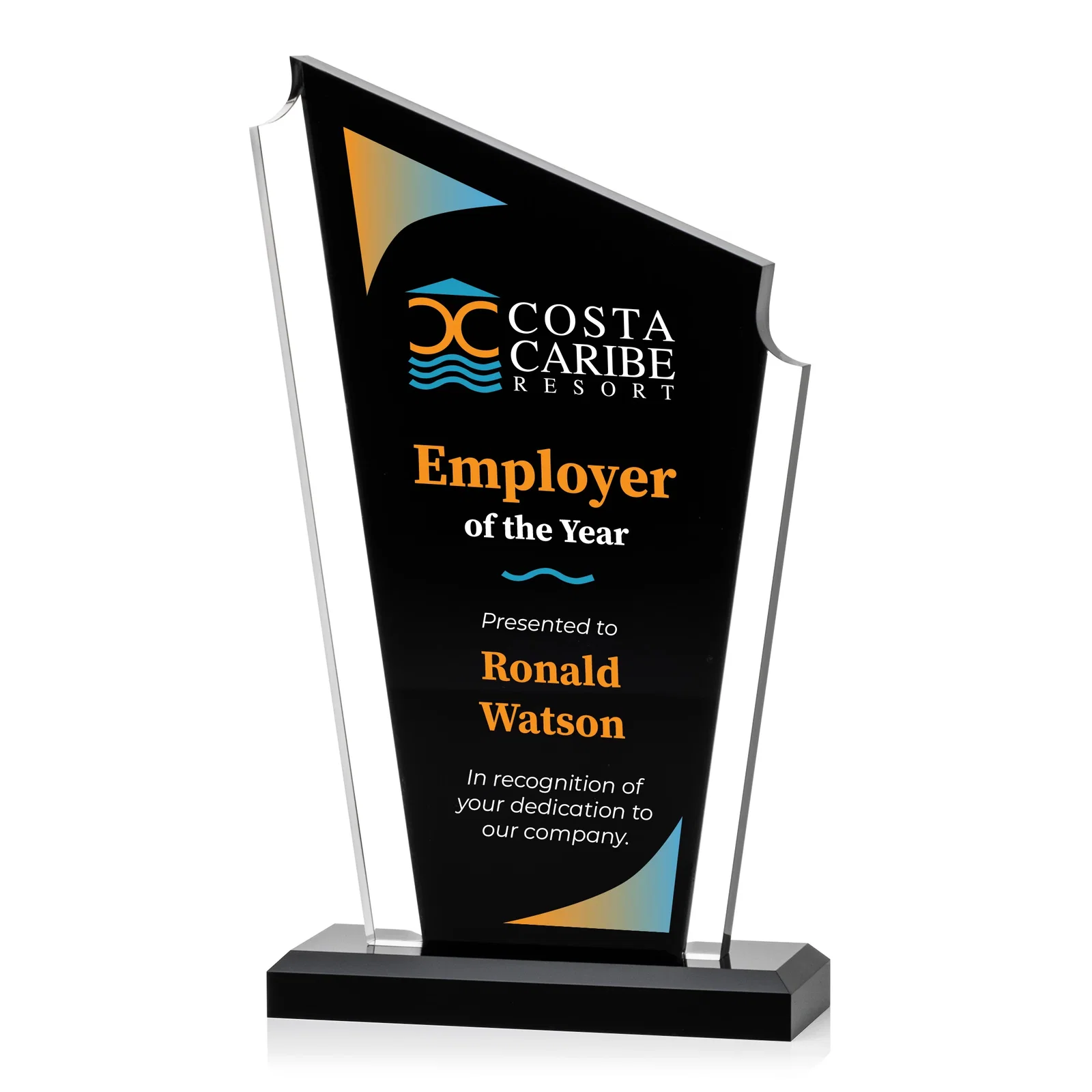 Custom Acrylic Peak Award With Dual-Side Engraving on Ebony Base for company anniversary events