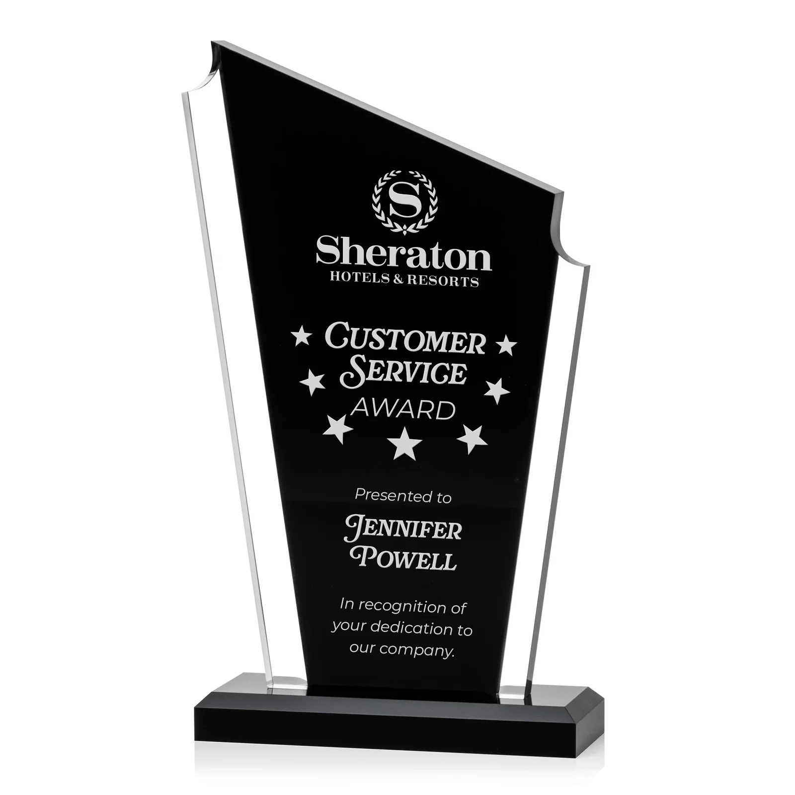 Custom Acrylic Peak Award With Dual-Side Engraving on Ebony Base for sales achievement awards