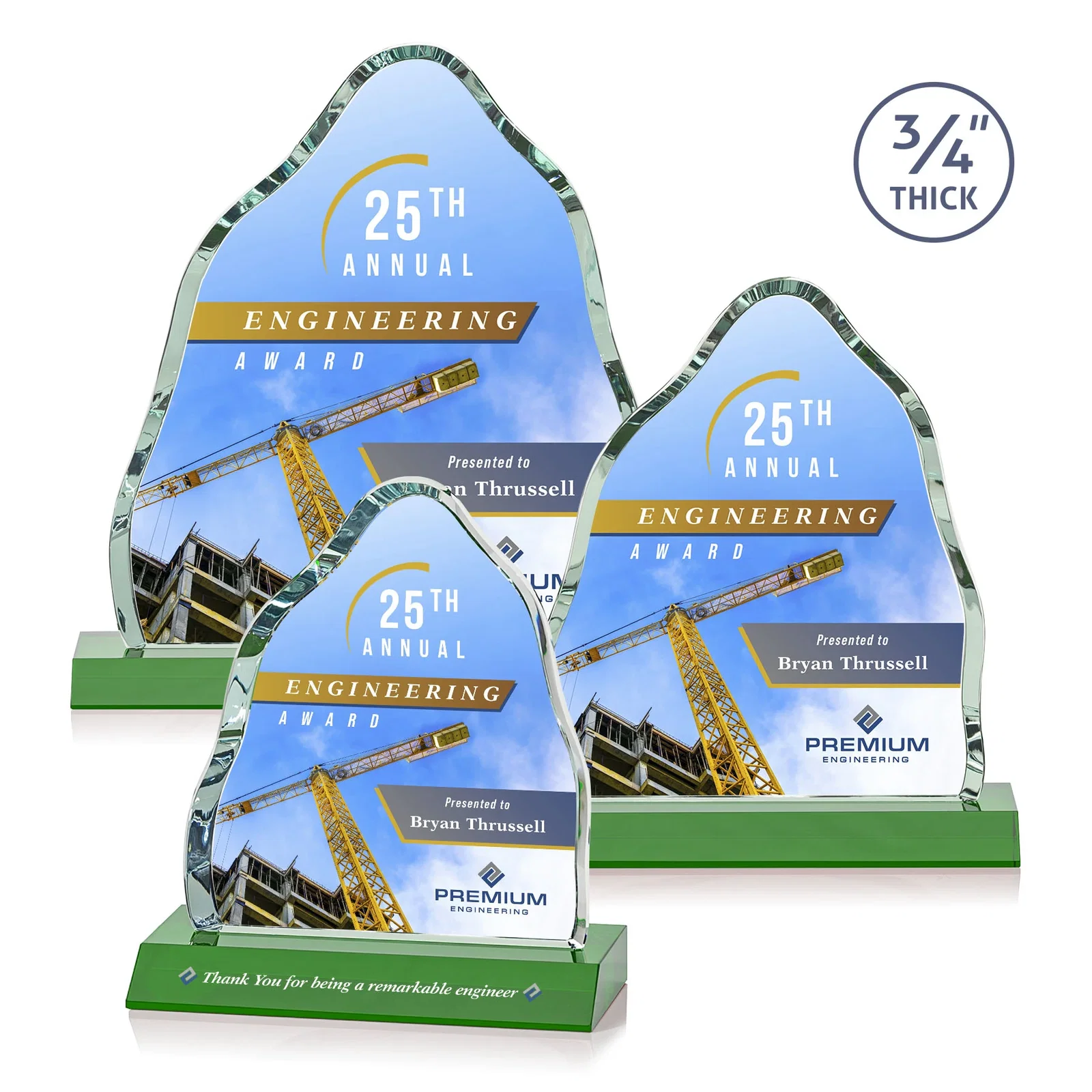 Branded Starfire Crystal Iceberg Award, 3/4 Inch Thick with Heavy Bevels, awards for retirement presentations