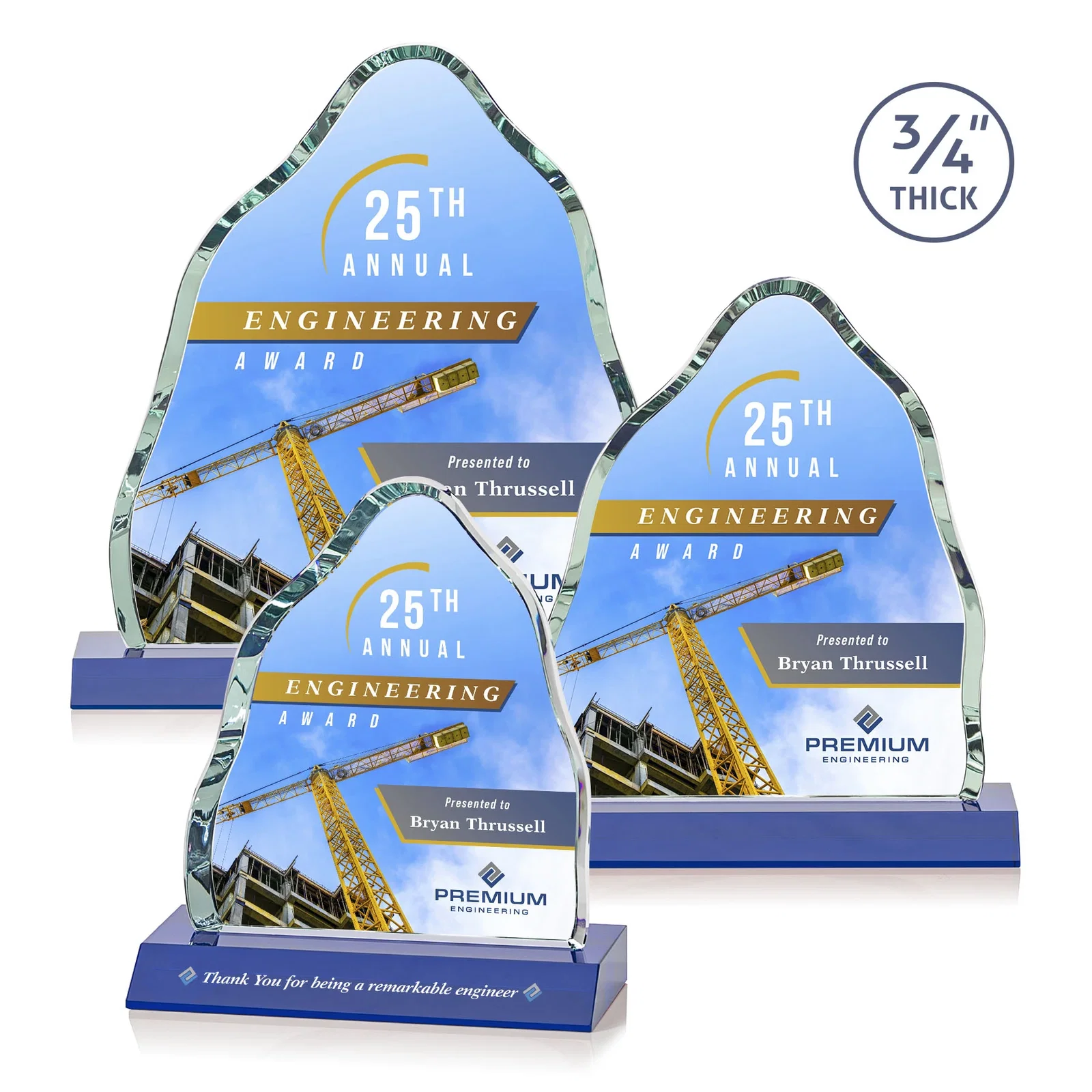 Custom printed Starfire Crystal Iceberg Award, 3/4 Inch Thick with Heavy Bevels, awards for employee recognition