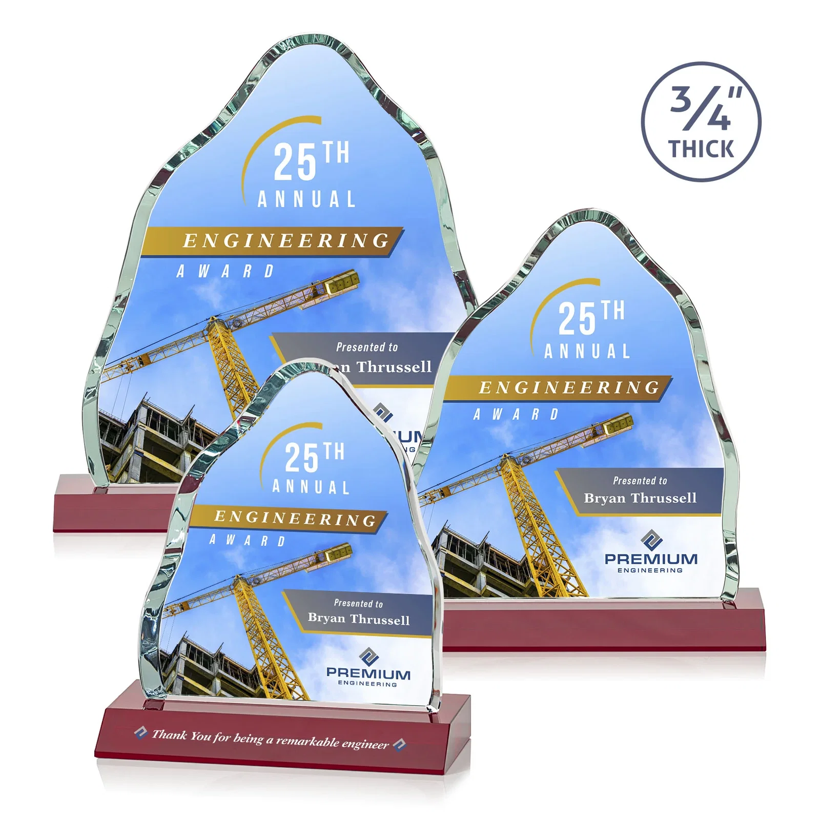 Custom printed Starfire Crystal Iceberg Award, 3/4 Inch Thick with Heavy Bevels, awards for retirement presentations