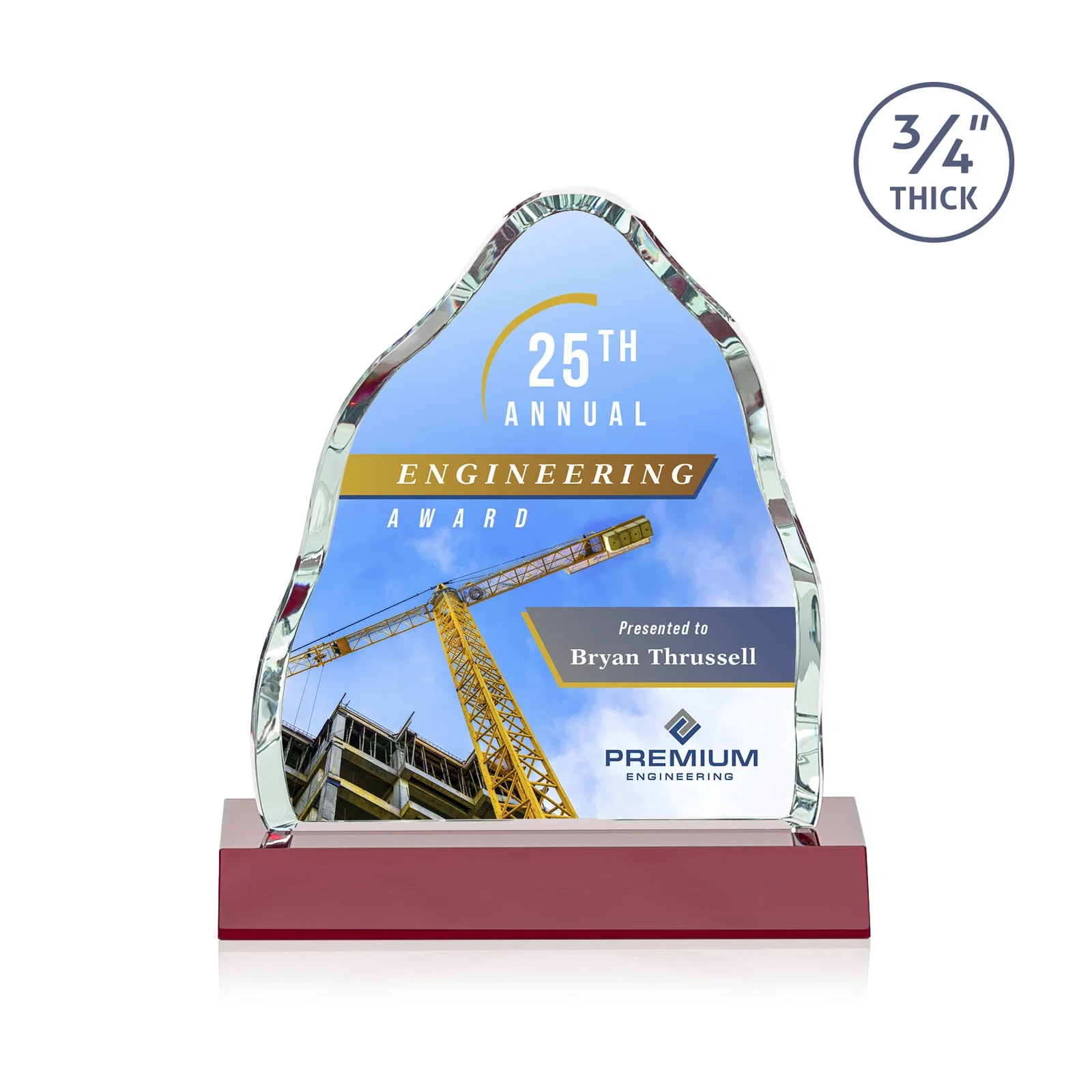 Custom printed Starfire Crystal Iceberg Award, 3/4 Inch Thick with Heavy Bevels, awards for team milestone celebrations