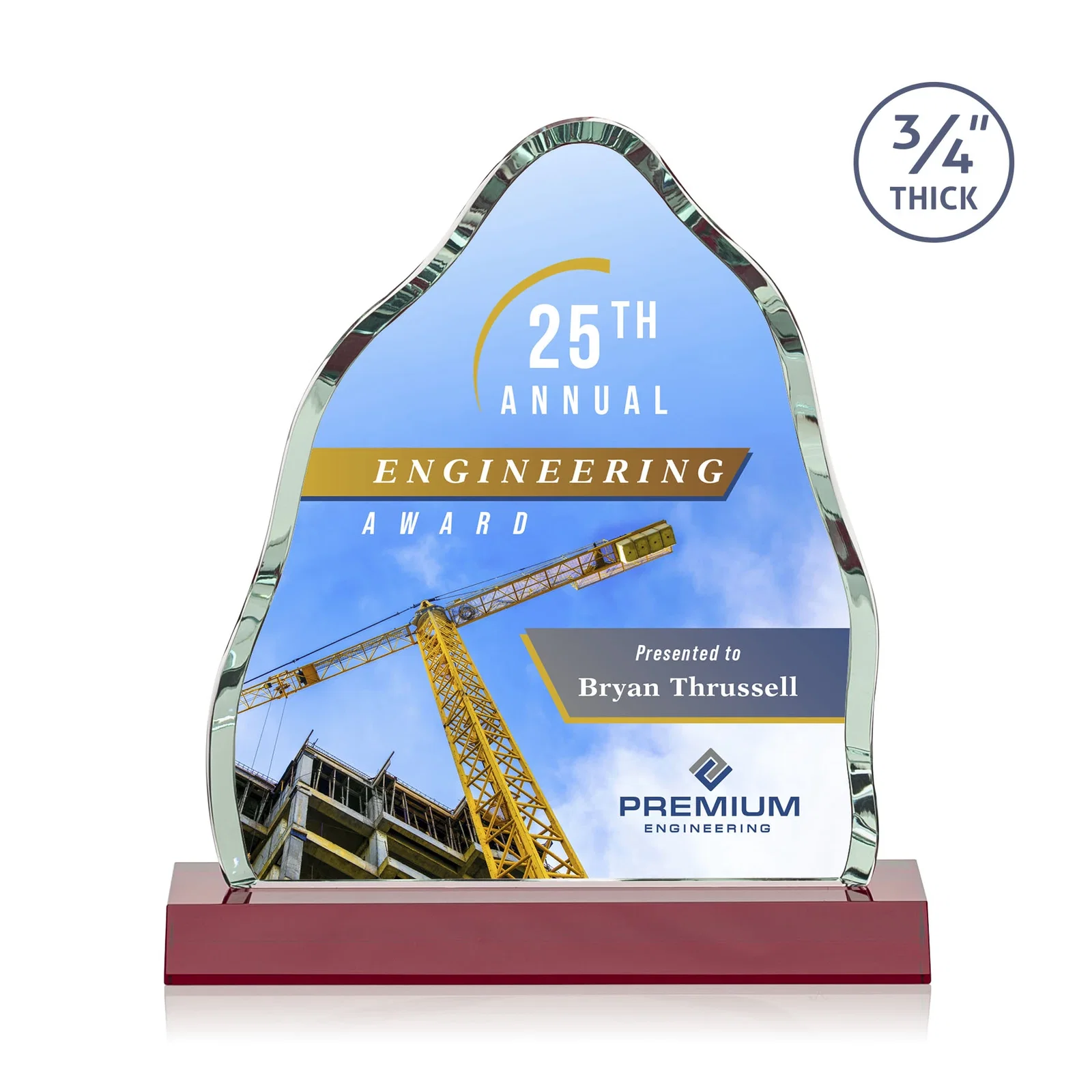 Custom printed Starfire Crystal Iceberg Award, 3/4 Inch Thick with Heavy Bevels, awards for donor appreciation