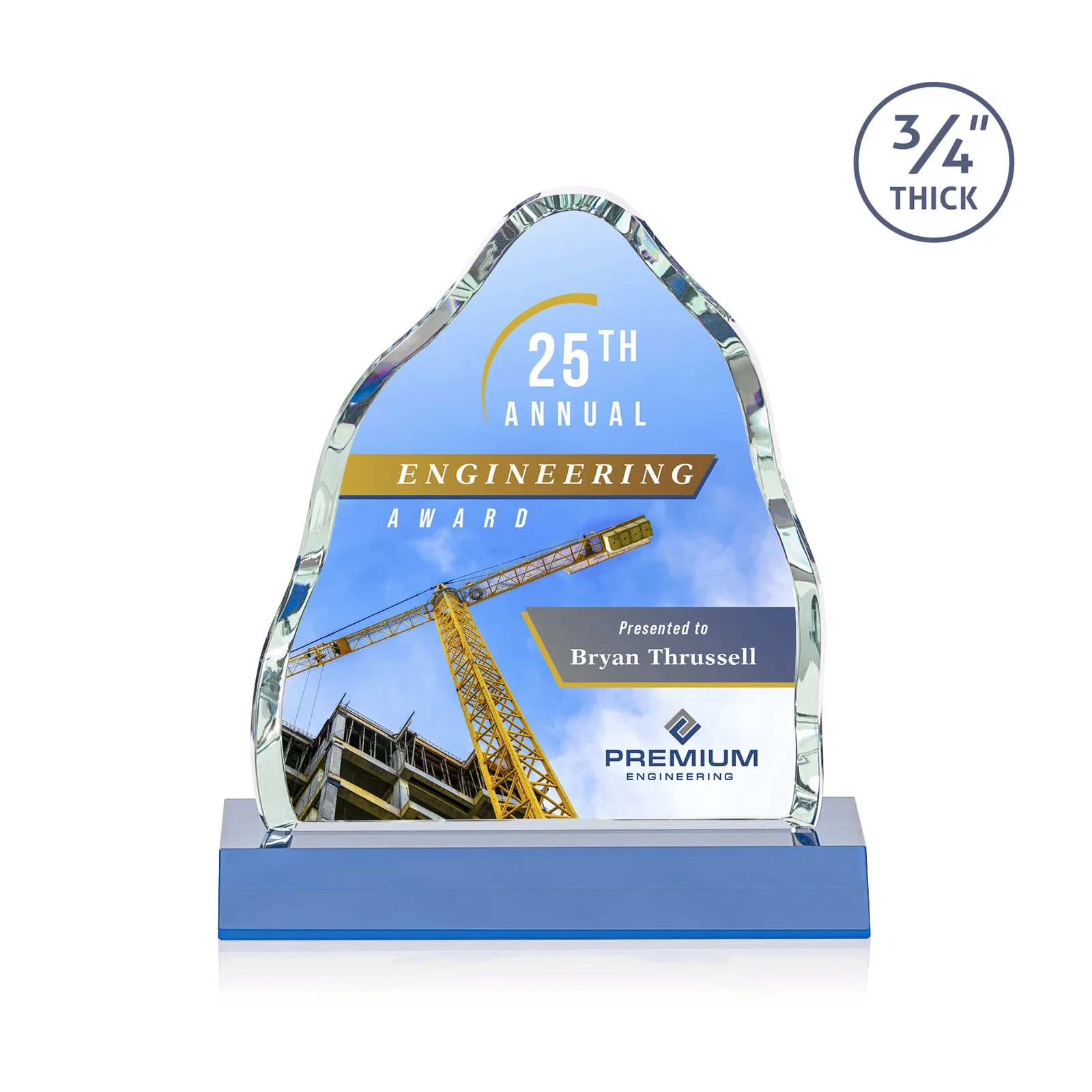 Custom printed Starfire Crystal Iceberg Award, 3/4 Inch Thick with Heavy Bevels, awards for volunteer appreciation