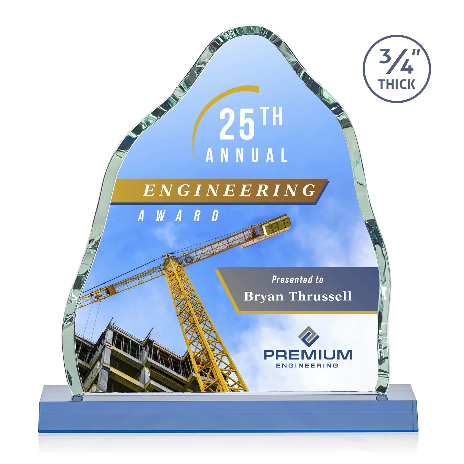 Custom printed Starfire Crystal Iceberg Award, 3/4 Inch Thick with Heavy Bevels, awards for company anniversary events