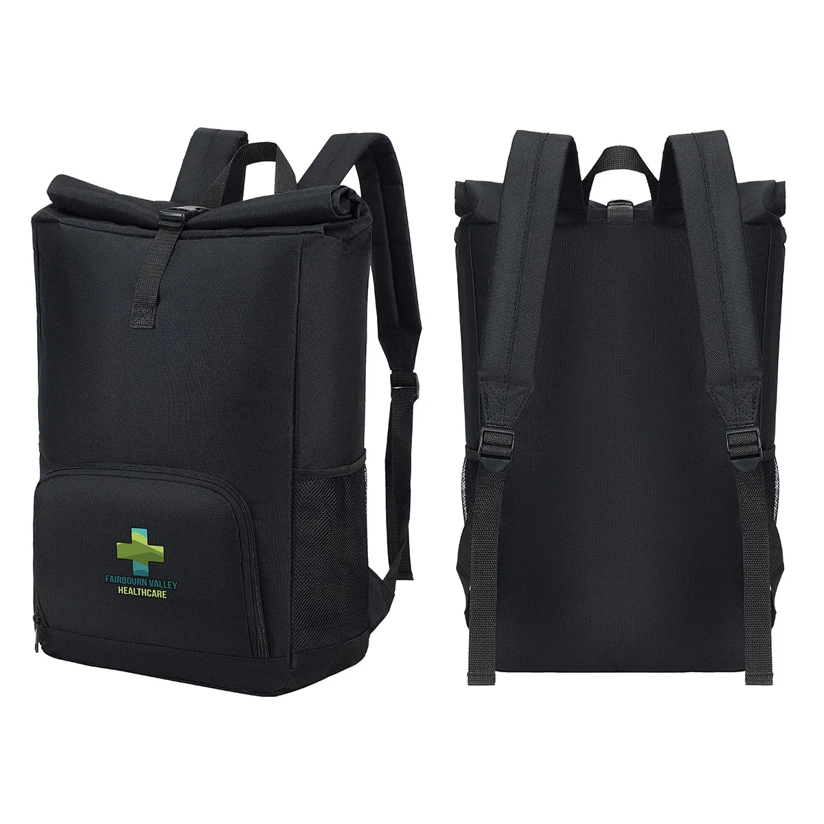 Custom Durango Rolltop Polyester Backpack, front view of the branded backpack