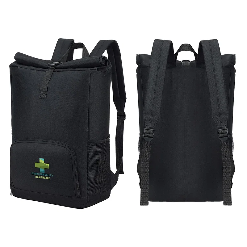 Custom Durango Rolltop Polyester Backpack, front view of the branded backpack
