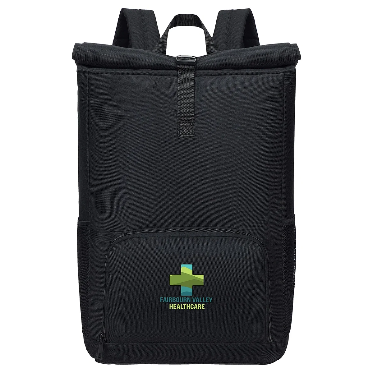 Side profile of the promotional Durango Rolltop Polyester Backpack
