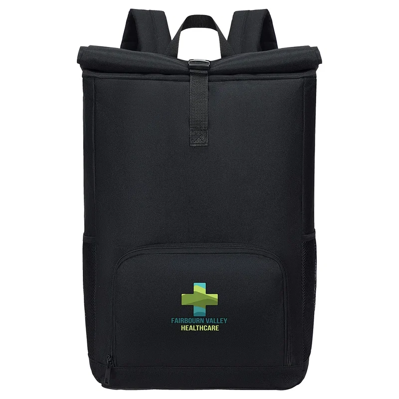 Side profile of the promotional Durango Rolltop Polyester Backpack
