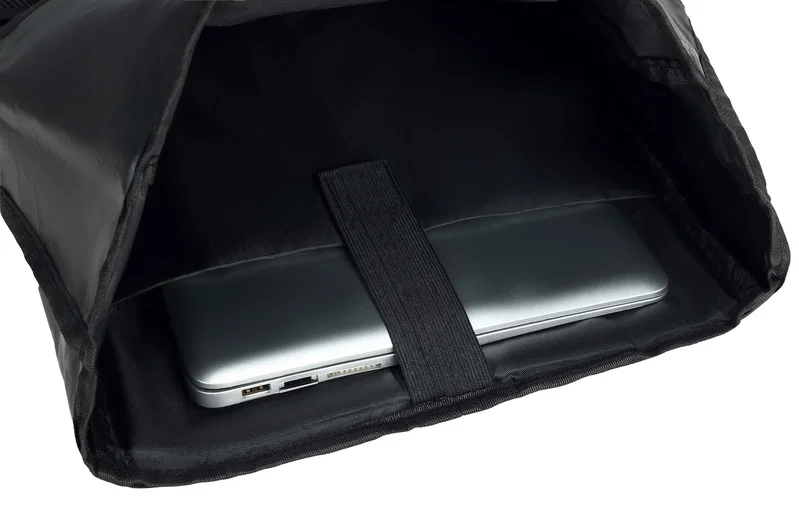 Bottom view of the custom Durango Rolltop Polyester Backpack showing the base panel