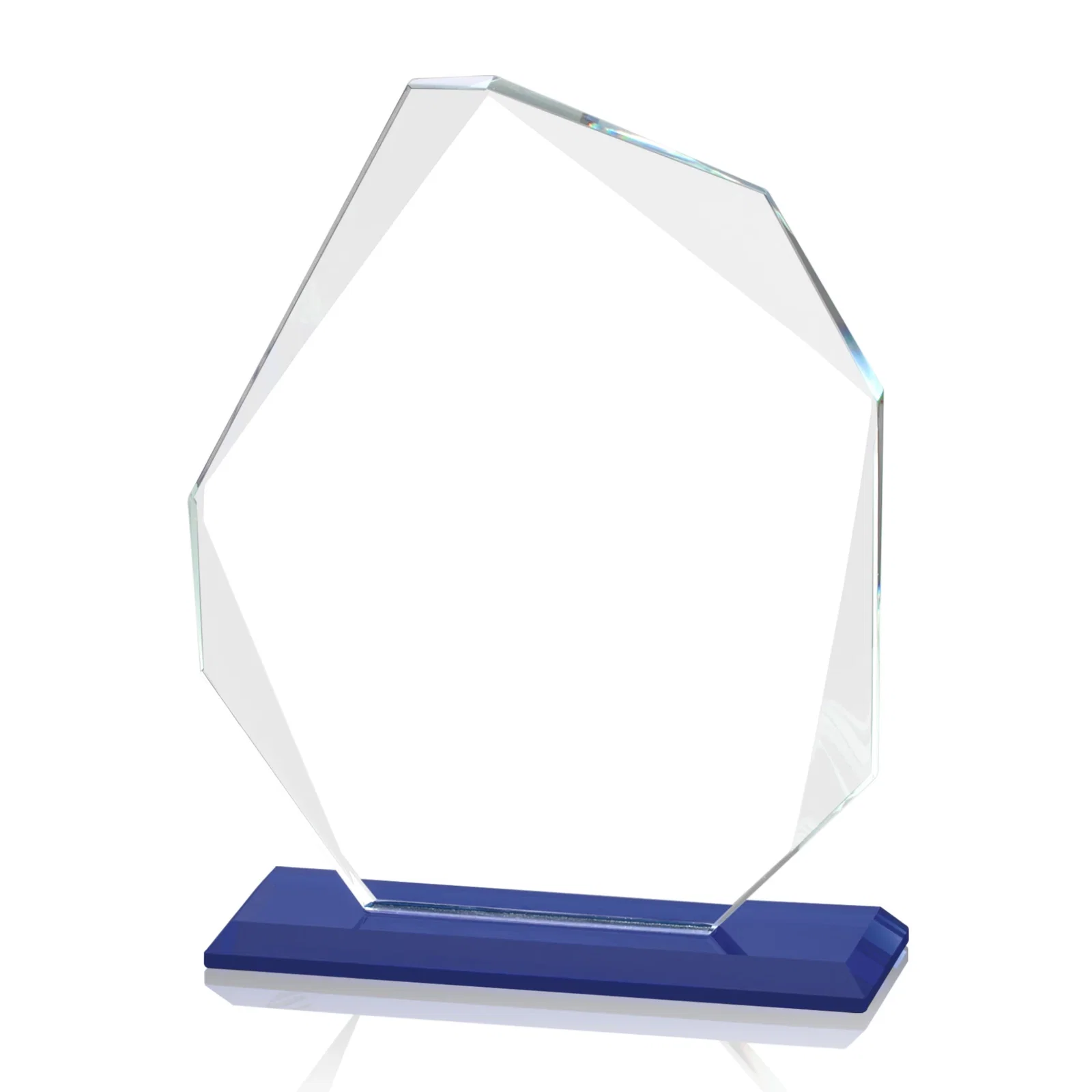 Custom Starfire Crystal Pentagon Award on Blue Base, awards for volunteer appreciation