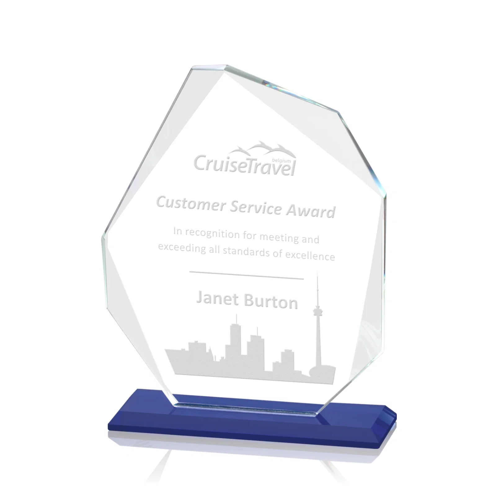 Custom Starfire Crystal Pentagon Award on Blue Base, awards for corporate award ceremonies