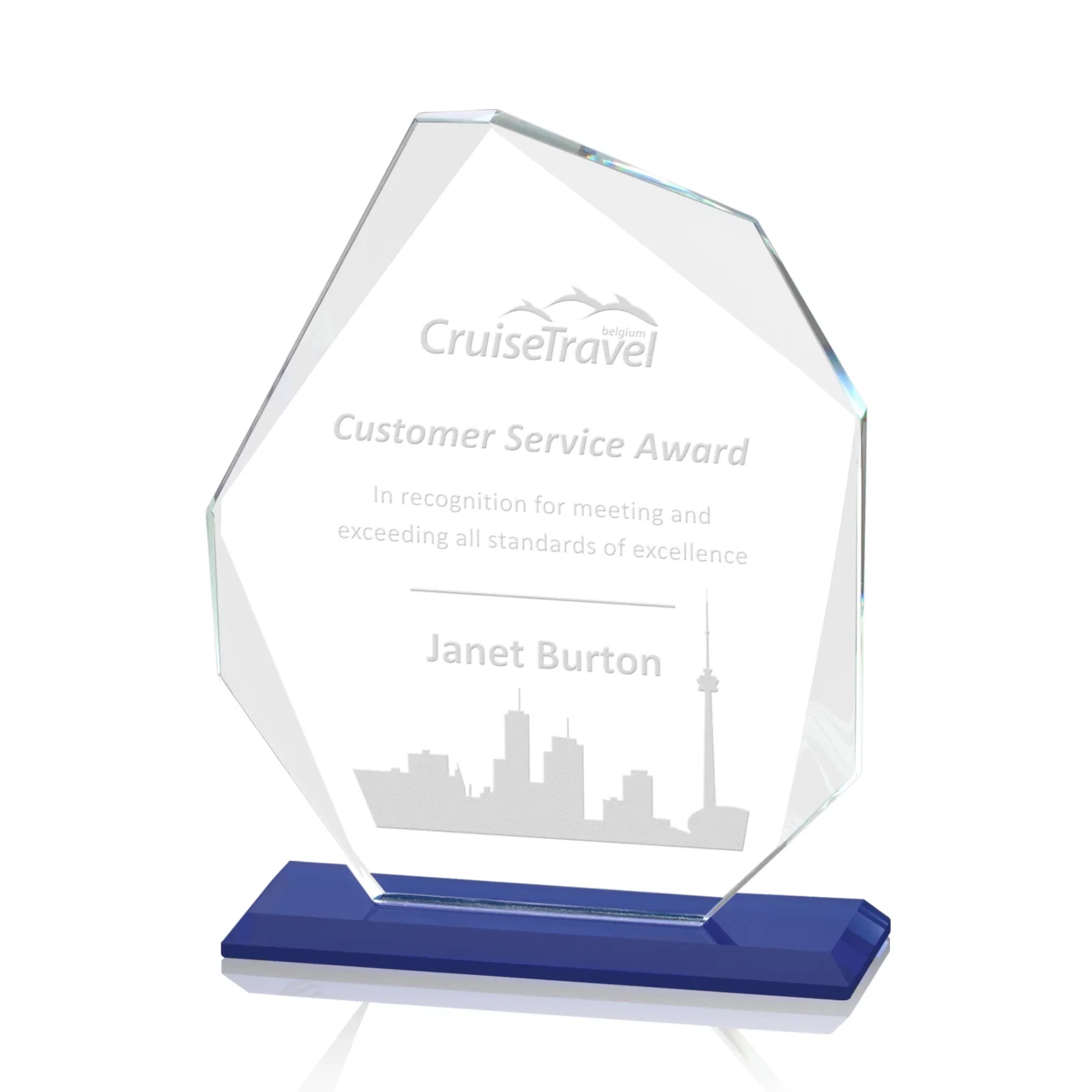 Custom Starfire Crystal Pentagon Award on Blue Base, awards for service anniversary gifts