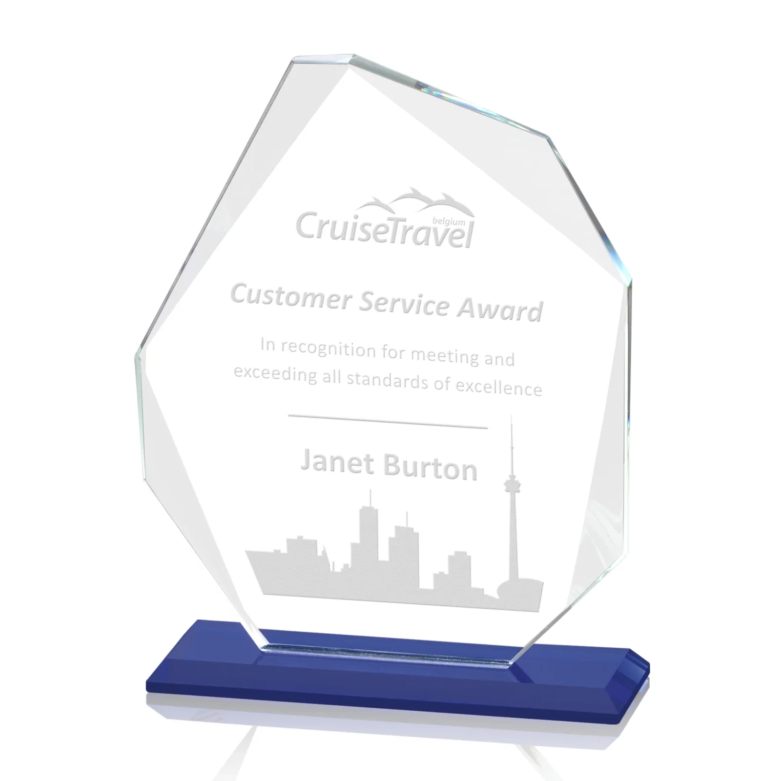 Custom Starfire Crystal Pentagon Award on Blue Base, awards for sales achievement awards