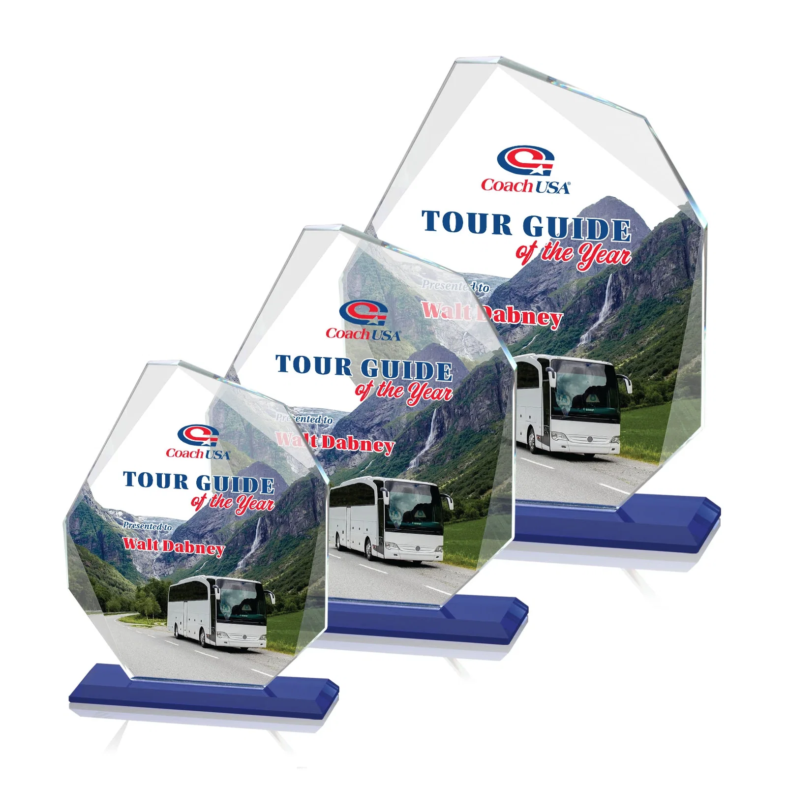 Custom Starfire Crystal Pentagon Award on Blue Base, awards for retirement presentations