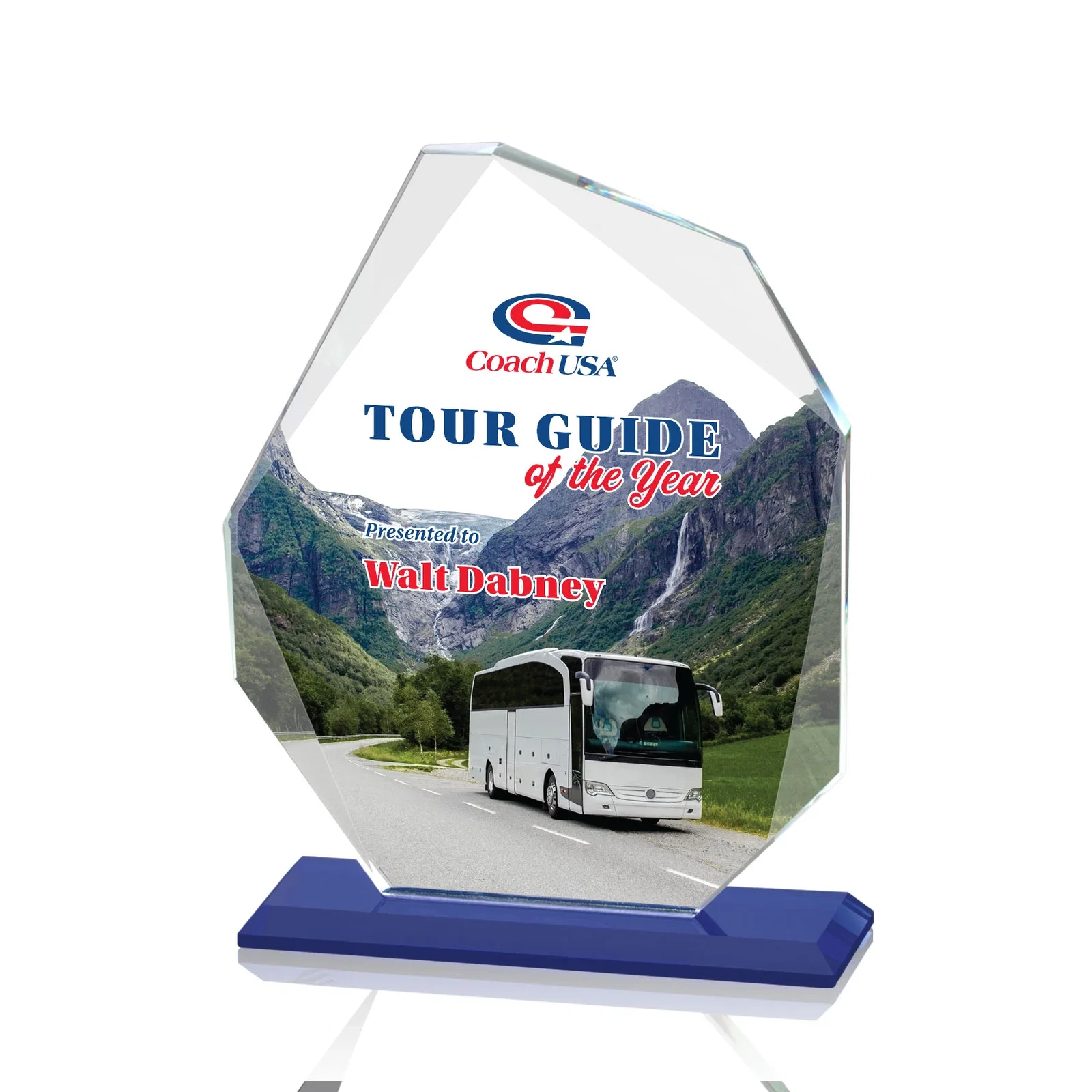 Custom Starfire Crystal Pentagon Award on Blue Base, awards for team milestone celebrations