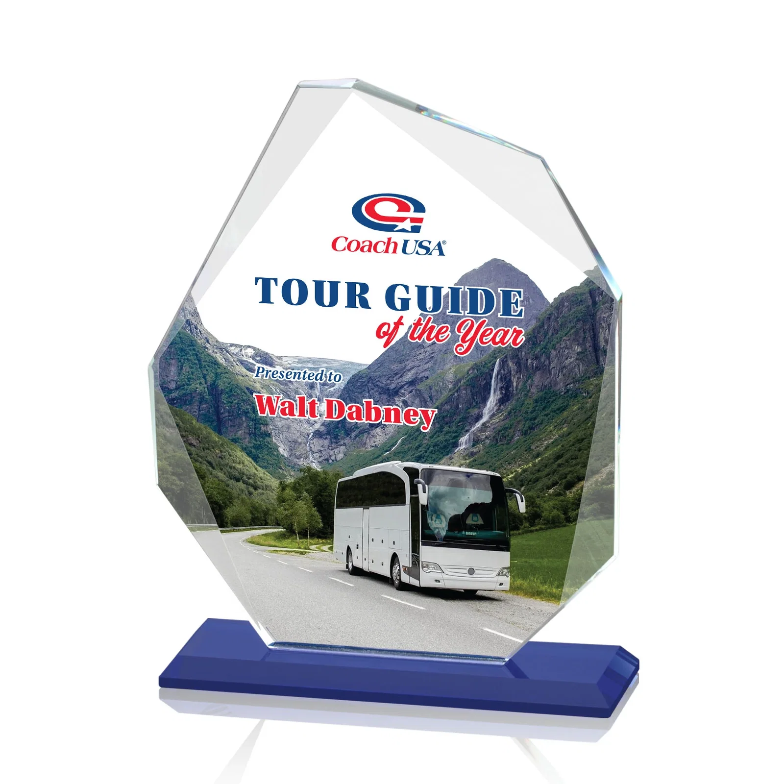 Custom Starfire Crystal Pentagon Award on Blue Base, awards for donor appreciation