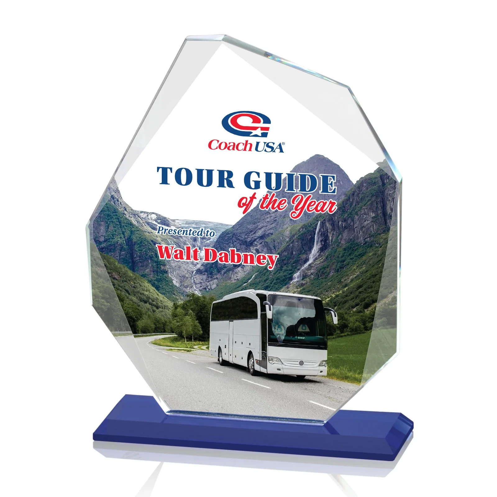 Custom Starfire Crystal Pentagon Award on Blue Base, awards for graduation ceremonies