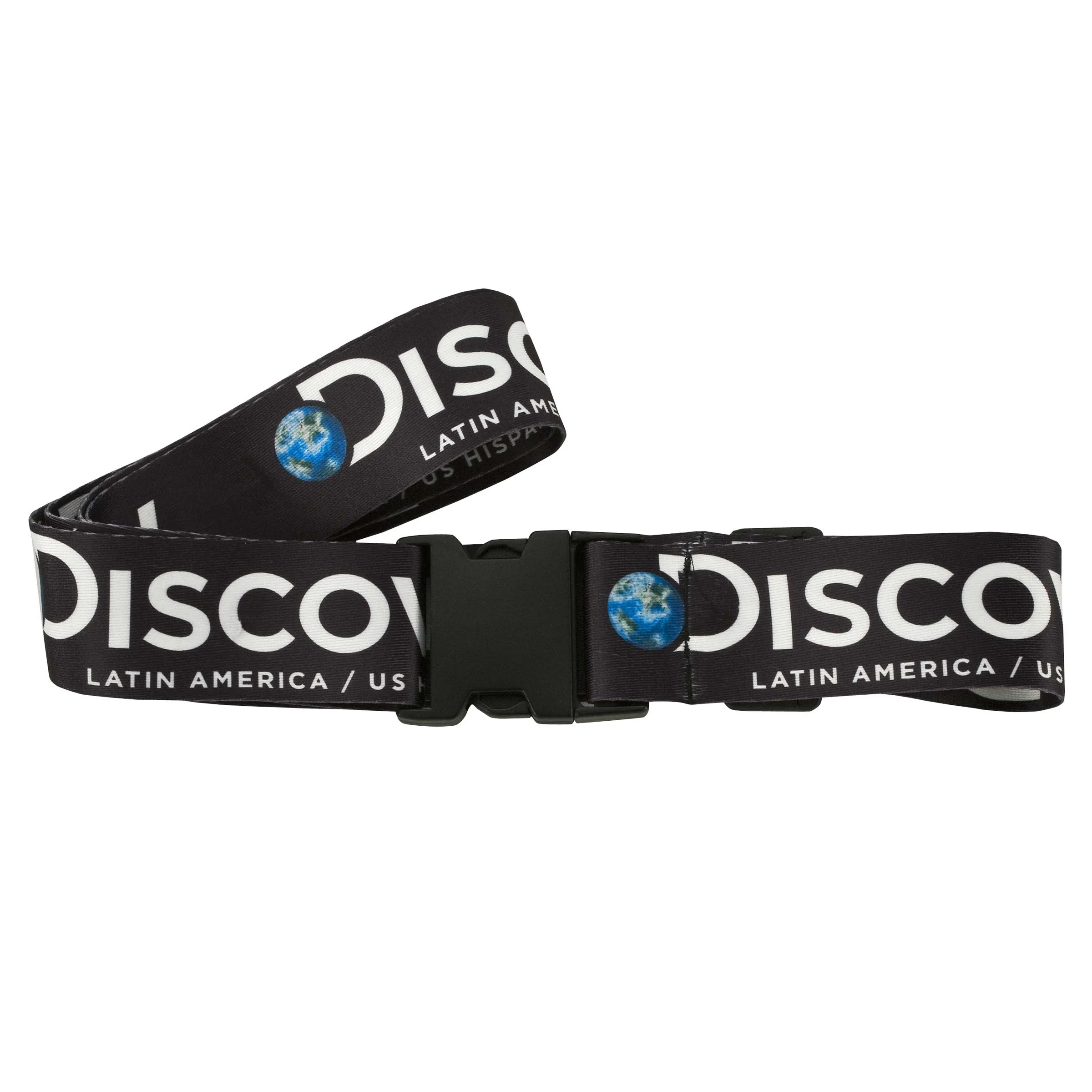 Dye-sublimated luggage strap fastened around a suitcase