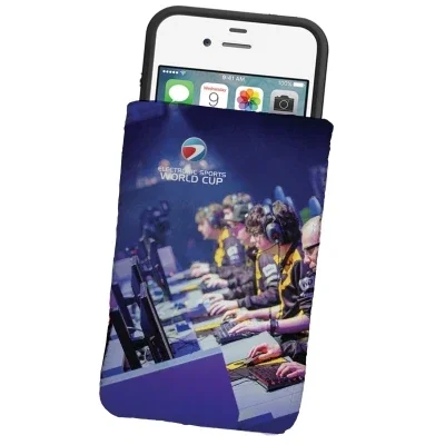 White microfiber phone sleeve shown flat with a blank front
