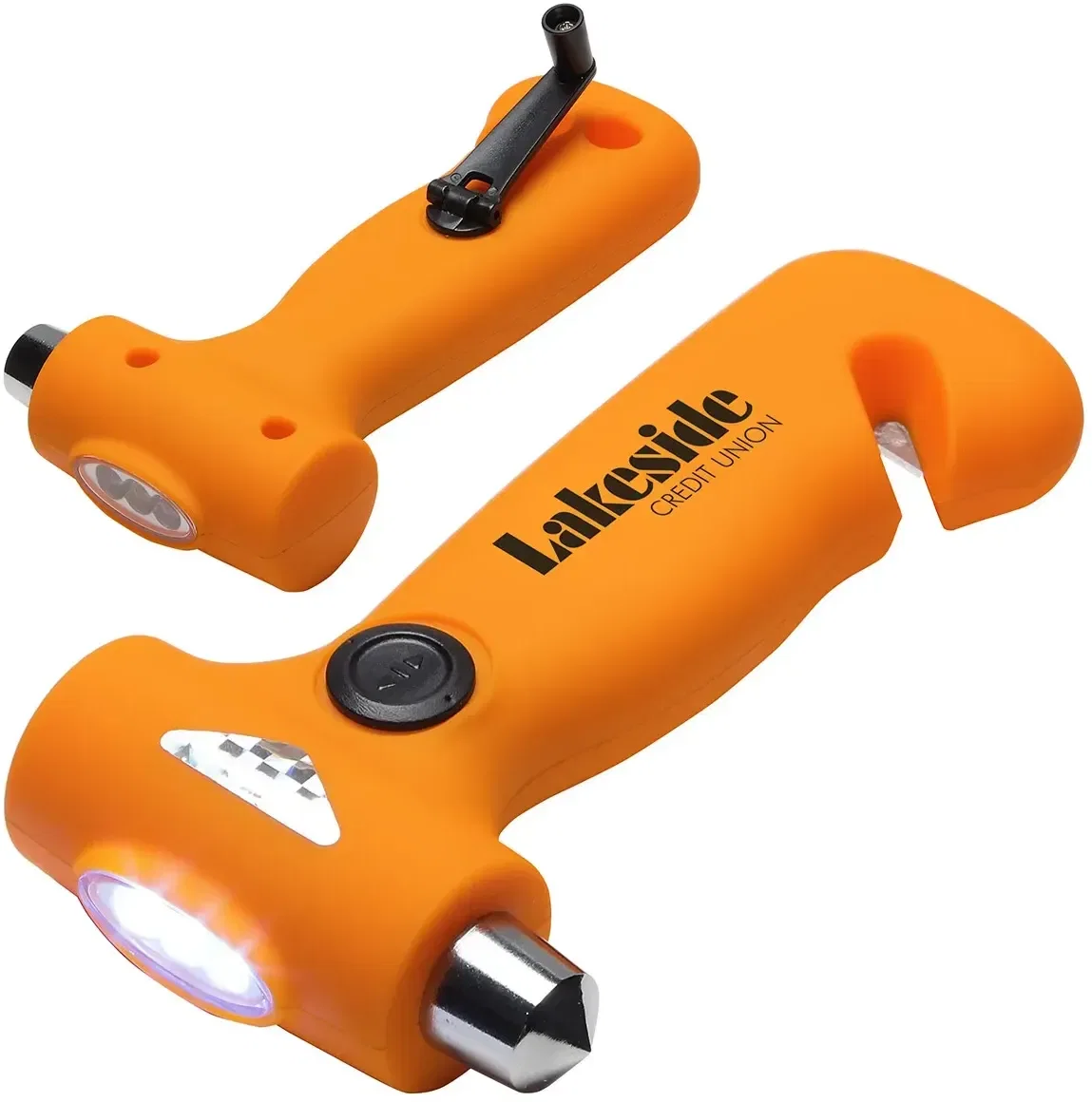 Custom Dynamo Light Car Escape Tool, branded hand-crank flashlight with window hammer and seatbelt cutter