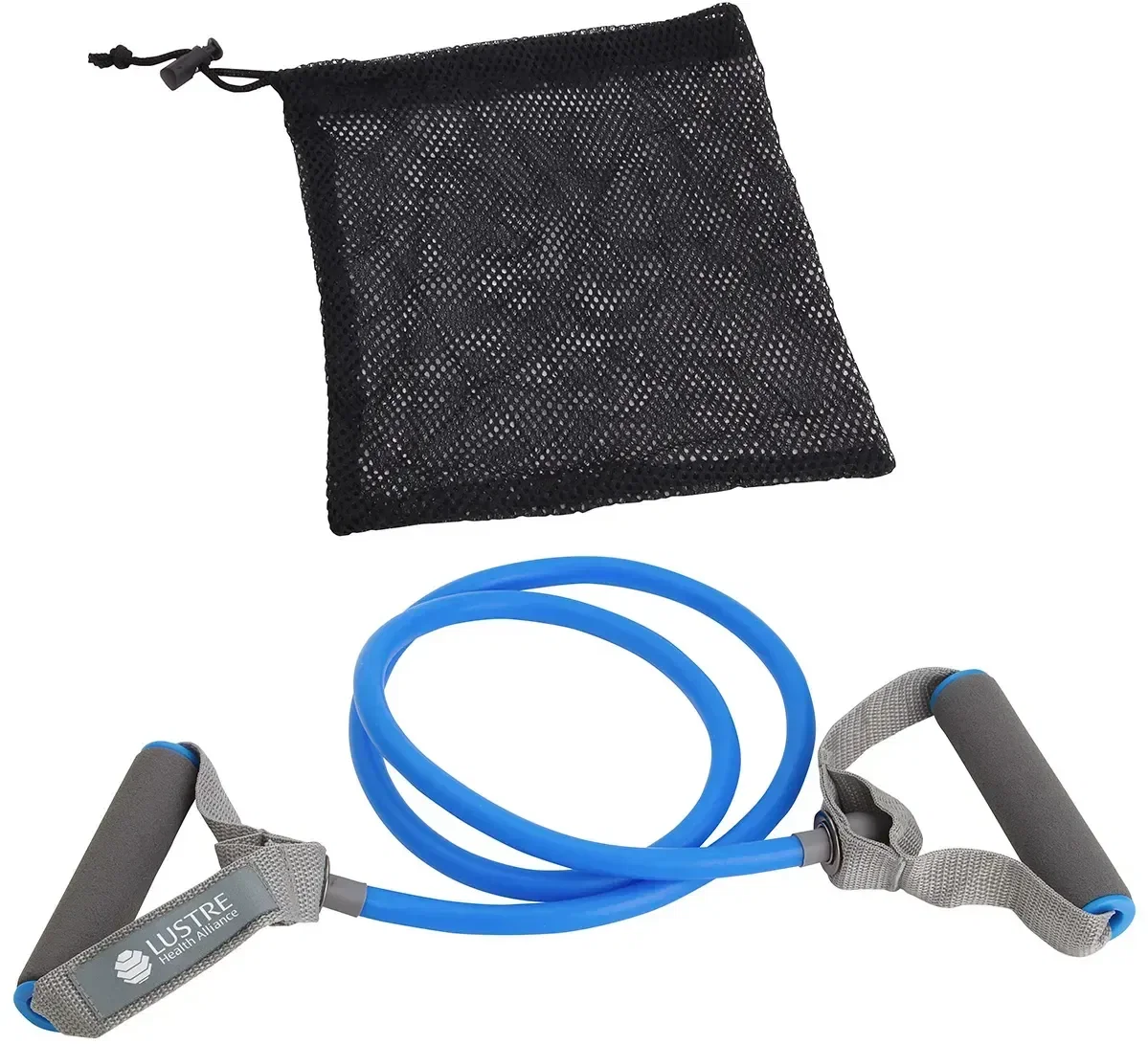 Dynamo soft-grip exercise band, branded custom resistance band with handles, front view