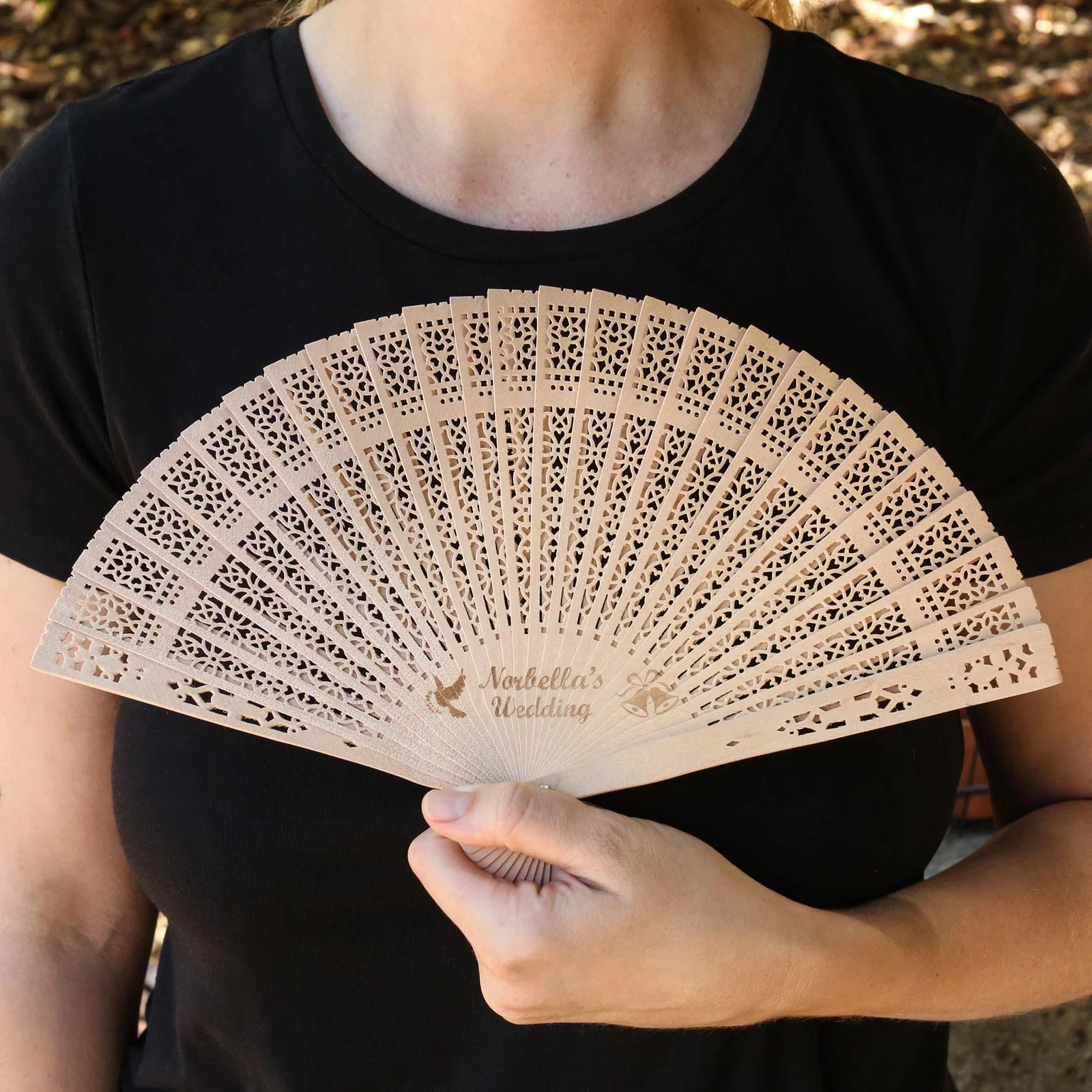 Dynasty Wood Hand Fan held in hand