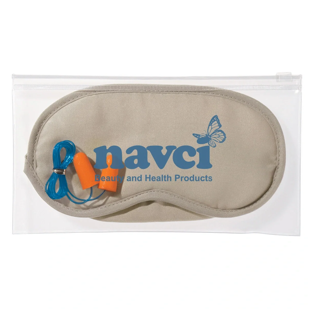 Travel set pairing a gray eye mask with orange ear plugs