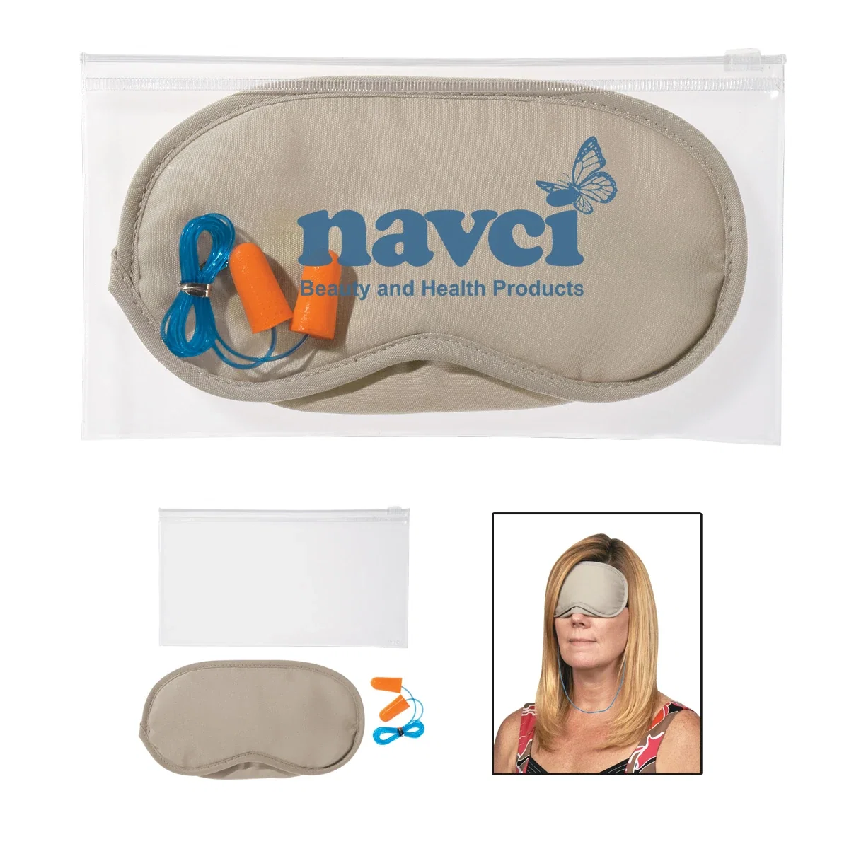 Custom Printed Ear Plugs And Eye Mask Set being worn