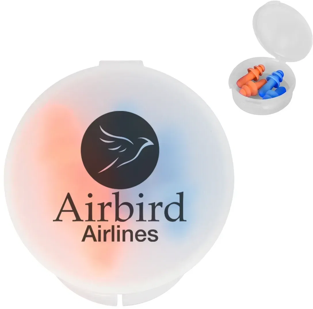 Foam ear plugs stored in a round translucent travel case