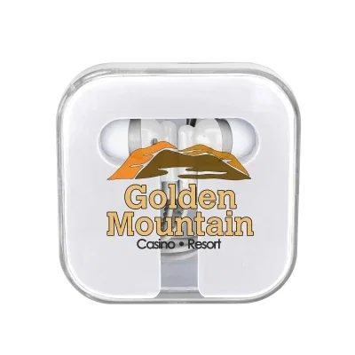 Earbuds tucked inside a compact square case about two inches wide