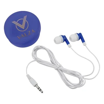 Earbuds packed in a round plastic case two inches across