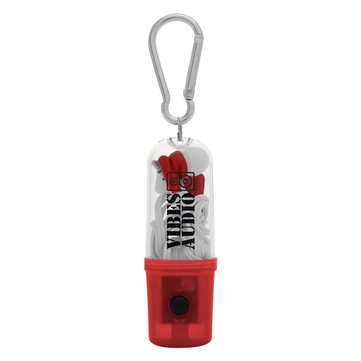 Earbuds packed in a translucent red case that doubles as a flashlight