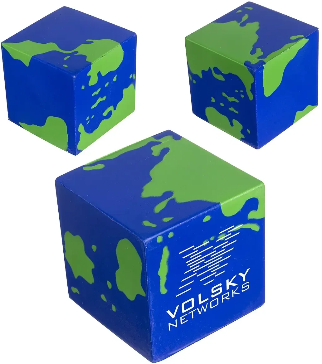 Earth cube custom stress reliever, globe-shaped promotional squeeze toy for branded logo giveaways