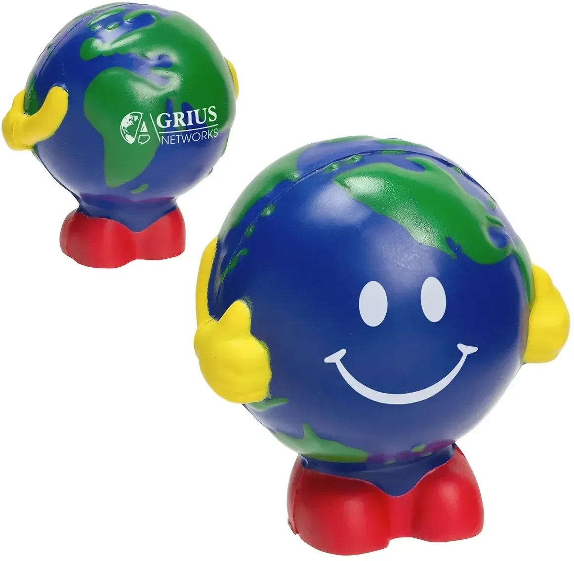 Earthball Man Stress Reliever, a custom globe-character squeeze toy for logo-branded promotional giveaways