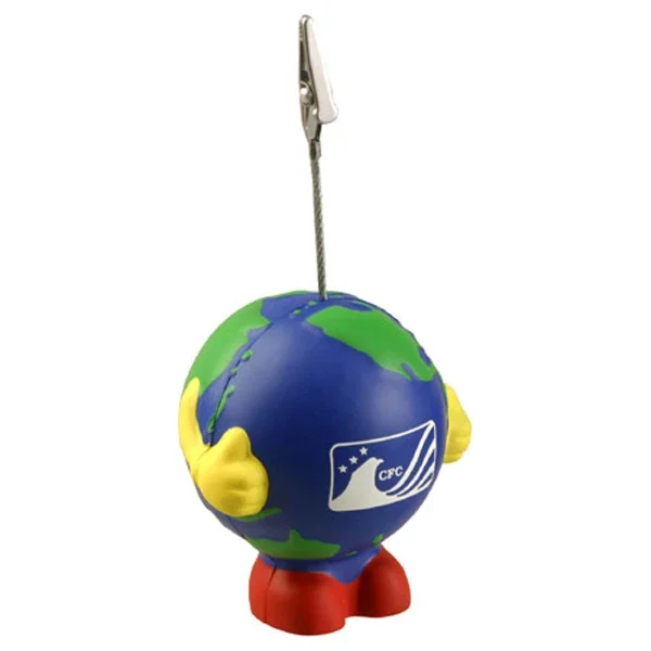 Earth globe character stress ball memo holder, 2.5 inch diameter